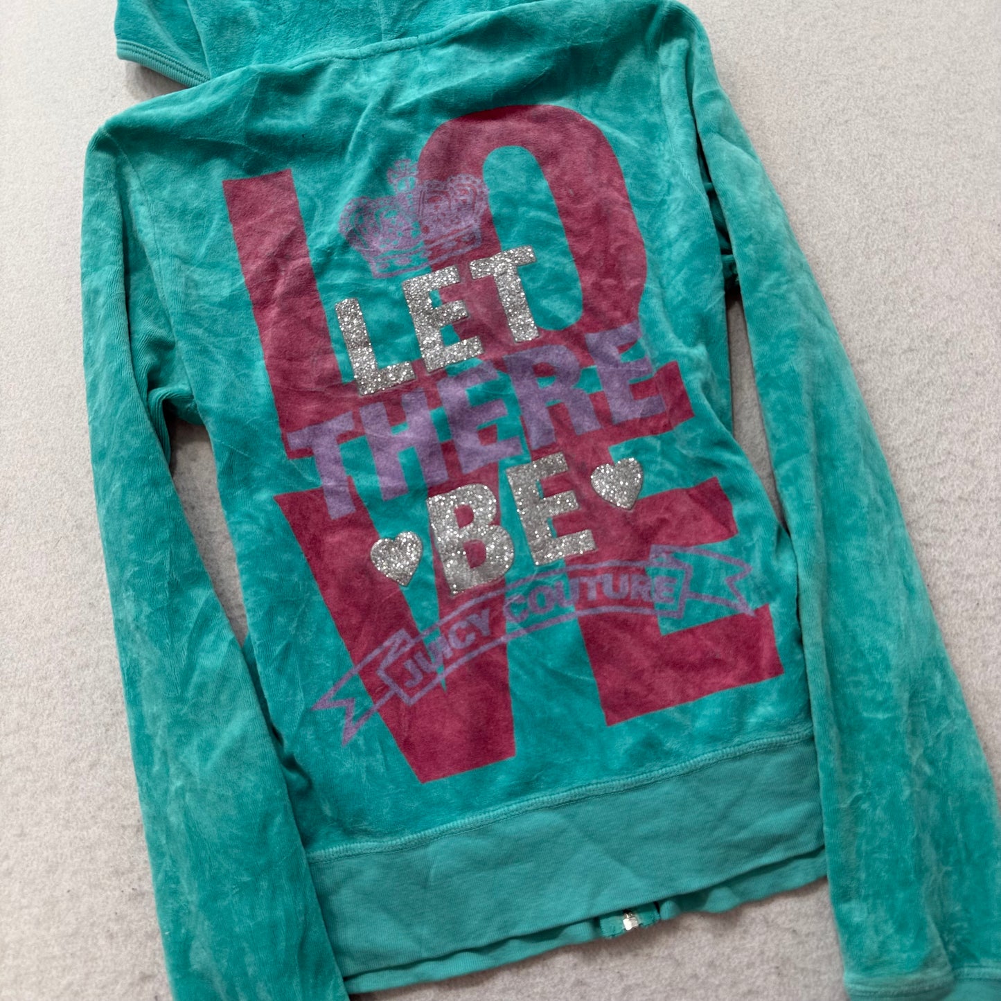 Vtg Juicy Couture “Let There Be Juicy Couture” Women's Teal Velour Hoodie Size L