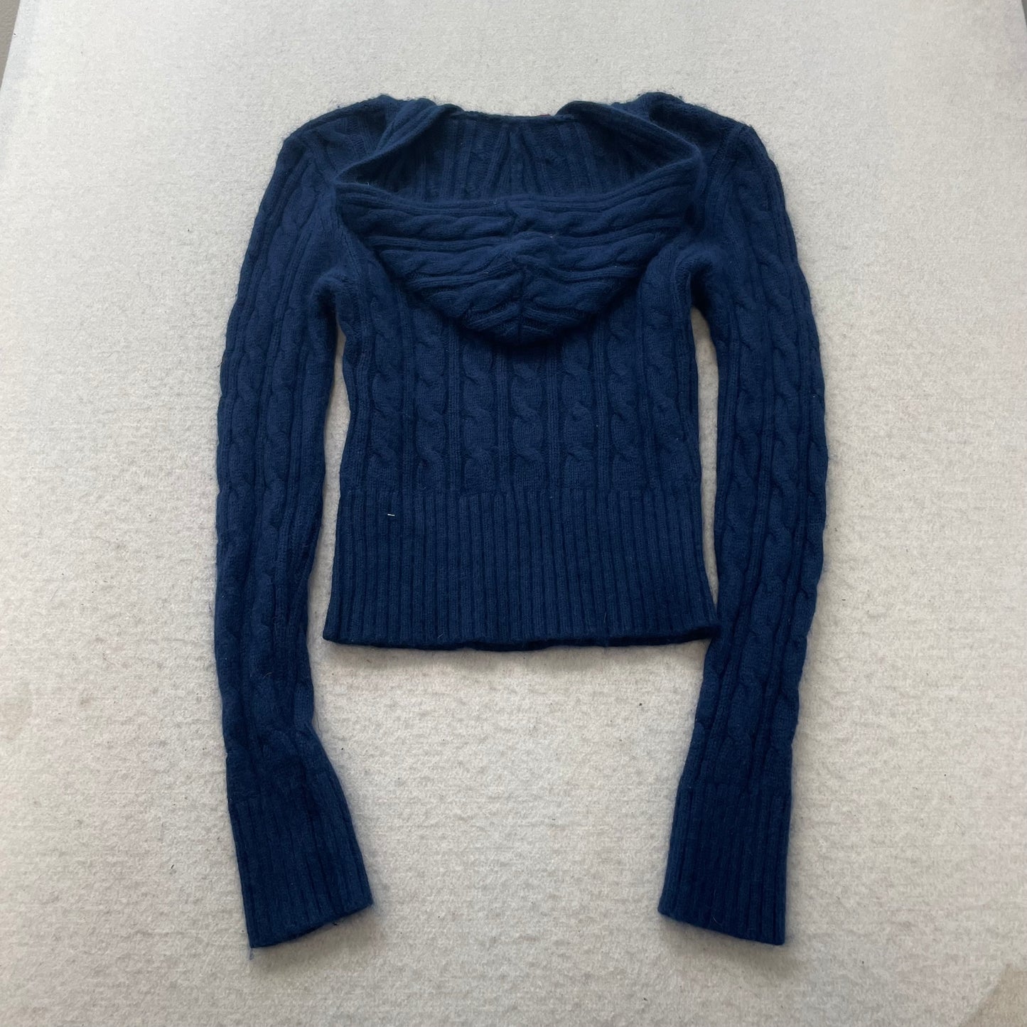Vintage Abercrombie & Fitch Women's Navy Cable Knit Hoodie Sweater Pullover - L