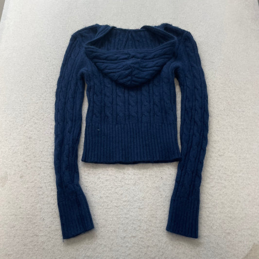 Vintage Abercrombie & Fitch Women's Navy Cable Knit Hoodie Sweater Pullover - L