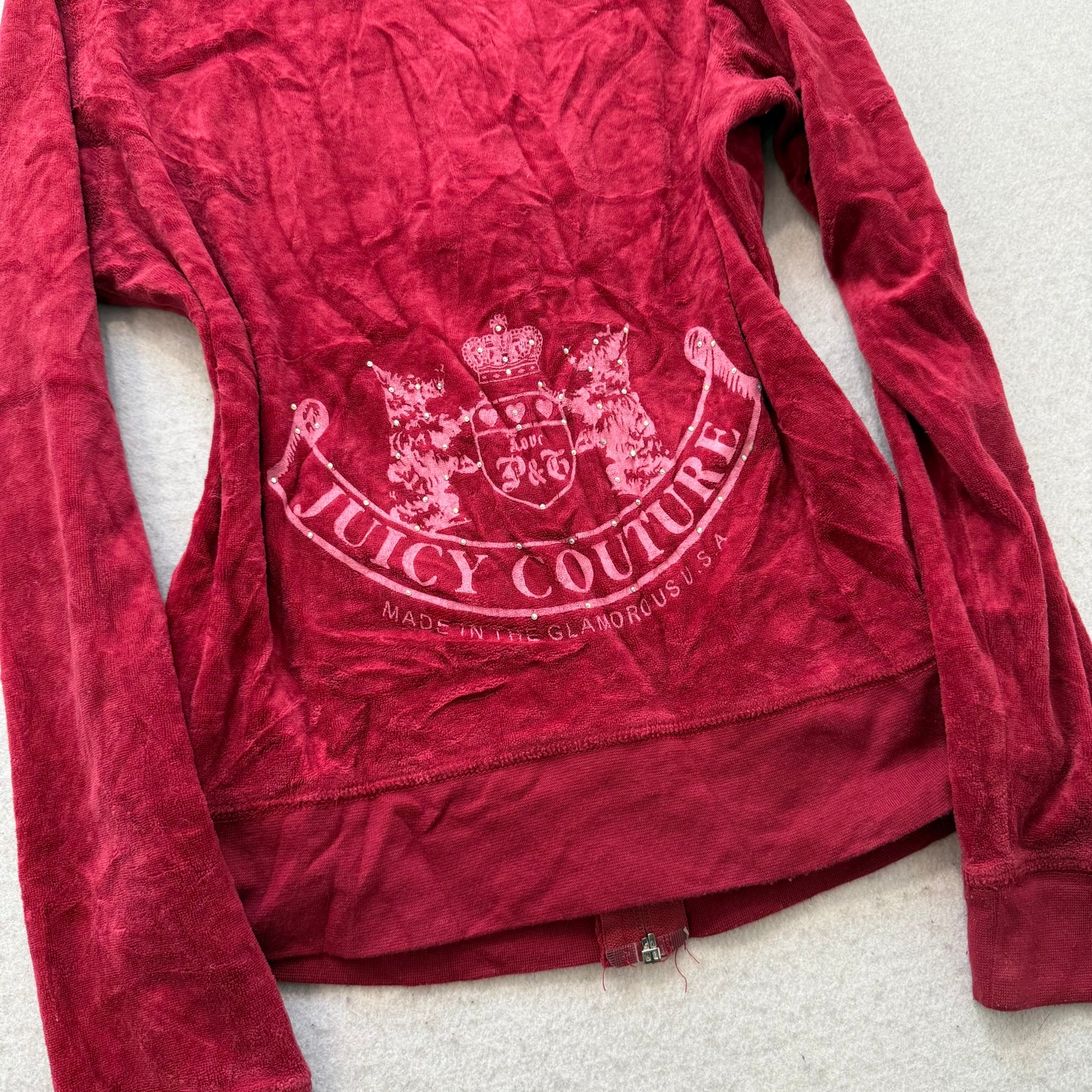 Vintage Juicy Couture "Scottie Dogs" Womens Burgundy Velour Zip Up Hoodie Size S
