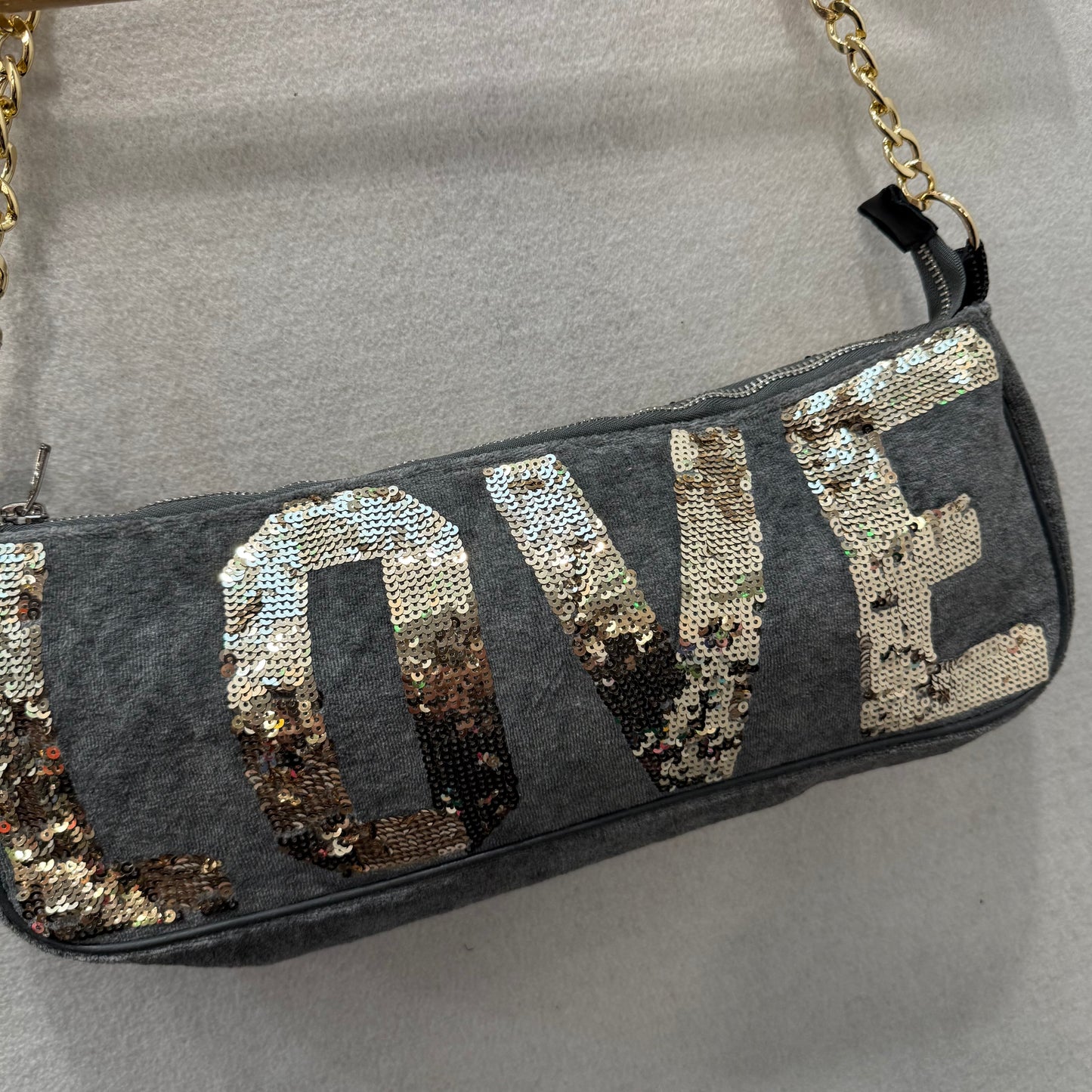 Victoria's Secret PINK Gray Velour Sequin Gold Chain Strap Shoulder Bag Size L