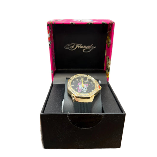 Ed Hardy Women's Gold-Tone Skull and Roses Black Silicone Strap Octagonal Watch