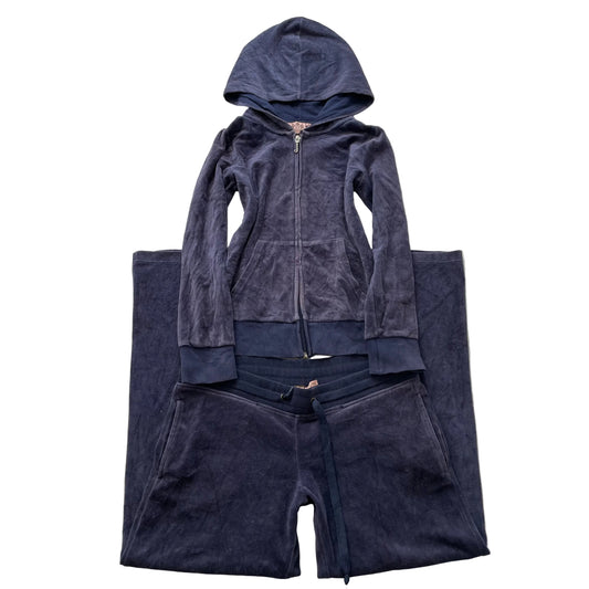 Vintage Juicy Couture Womens Navy Blue Velour Tracksuit Set Hoodie & Pant Size S