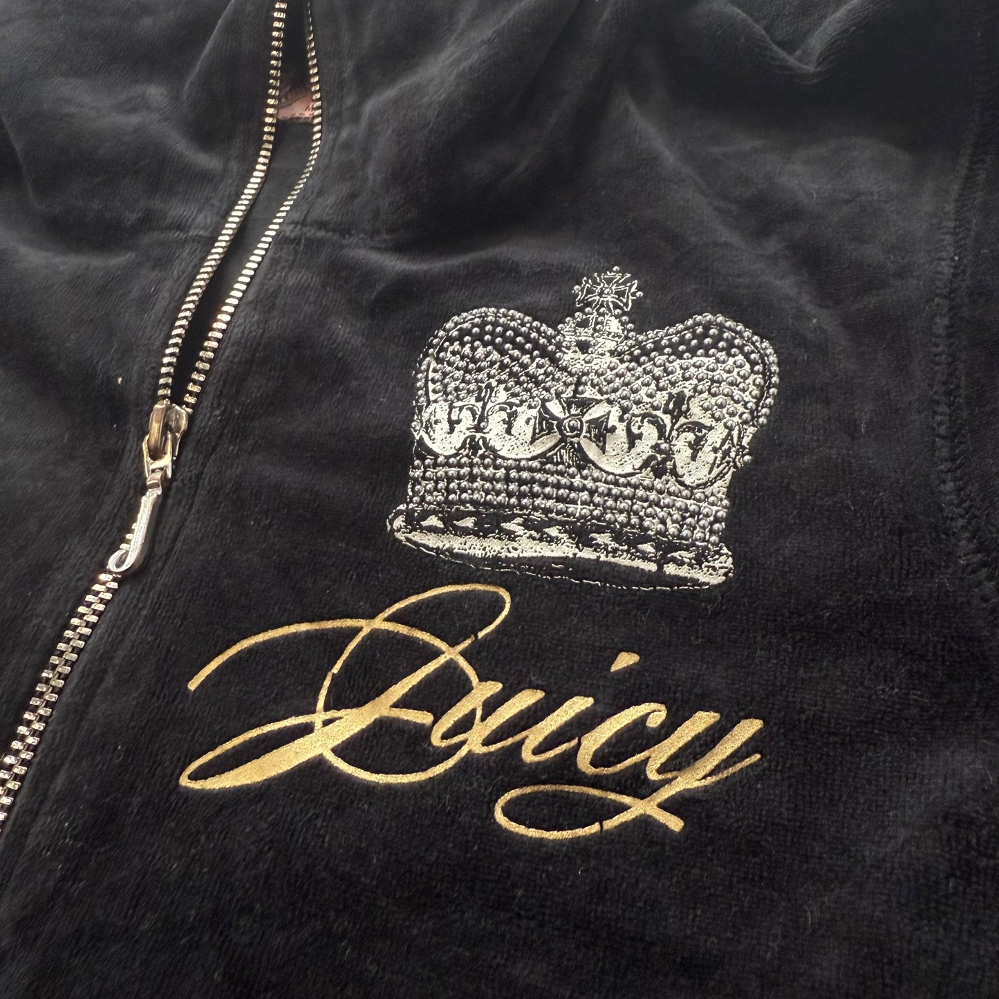 Juicy Couture Women's Black Velour Track Jacket Rhinestone Crown Graphic Size M