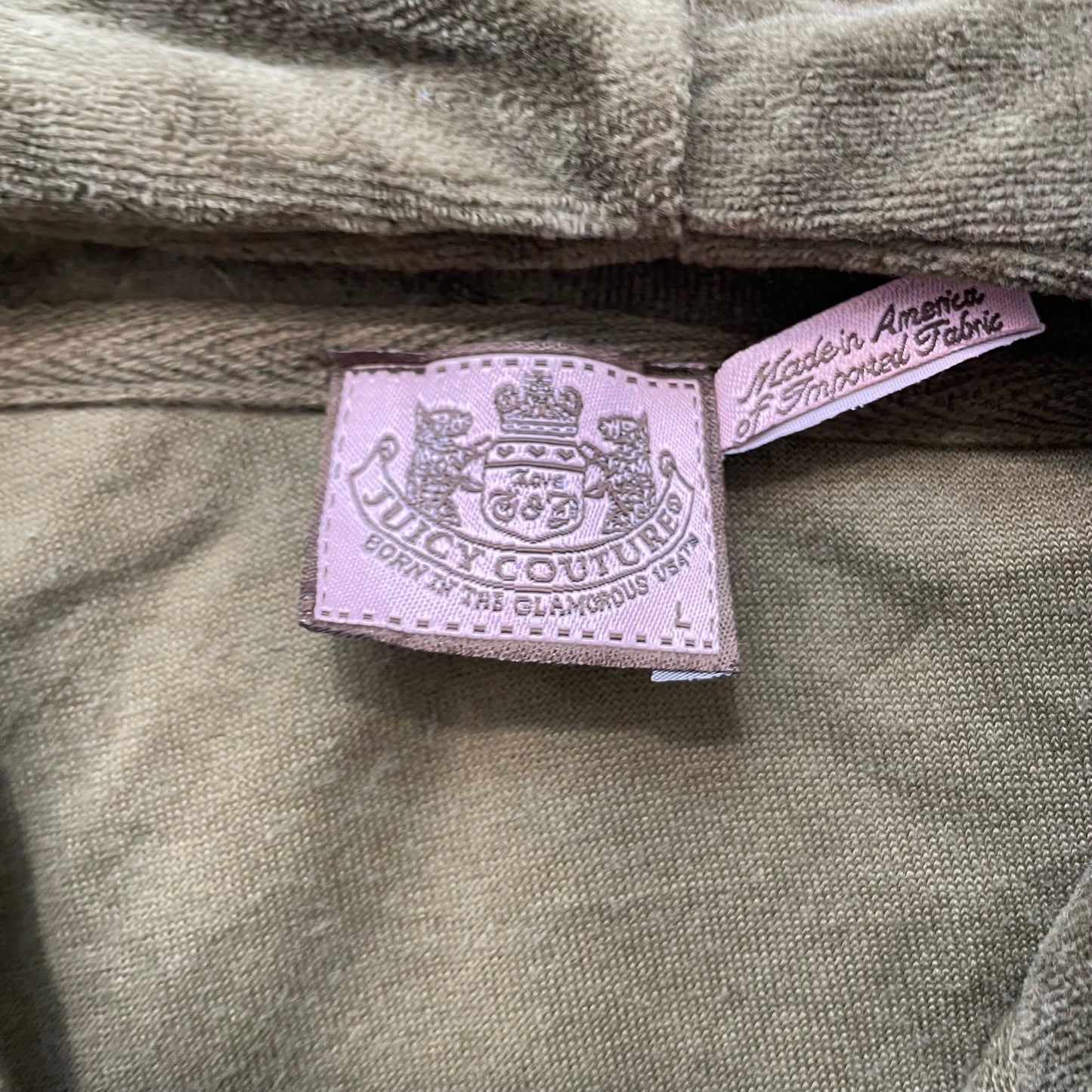 Vintage Juicy Couture Women's Olive Green Velour Zip-Up Hoodie Crown Logo Size L