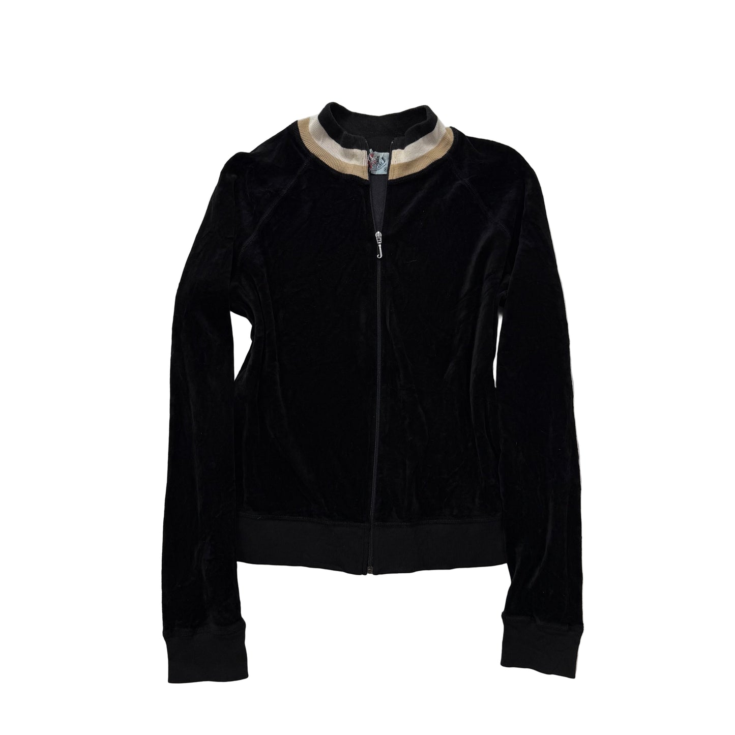 Vintage Juicy Couture black velour full zip hoodie with beige/white design size XL