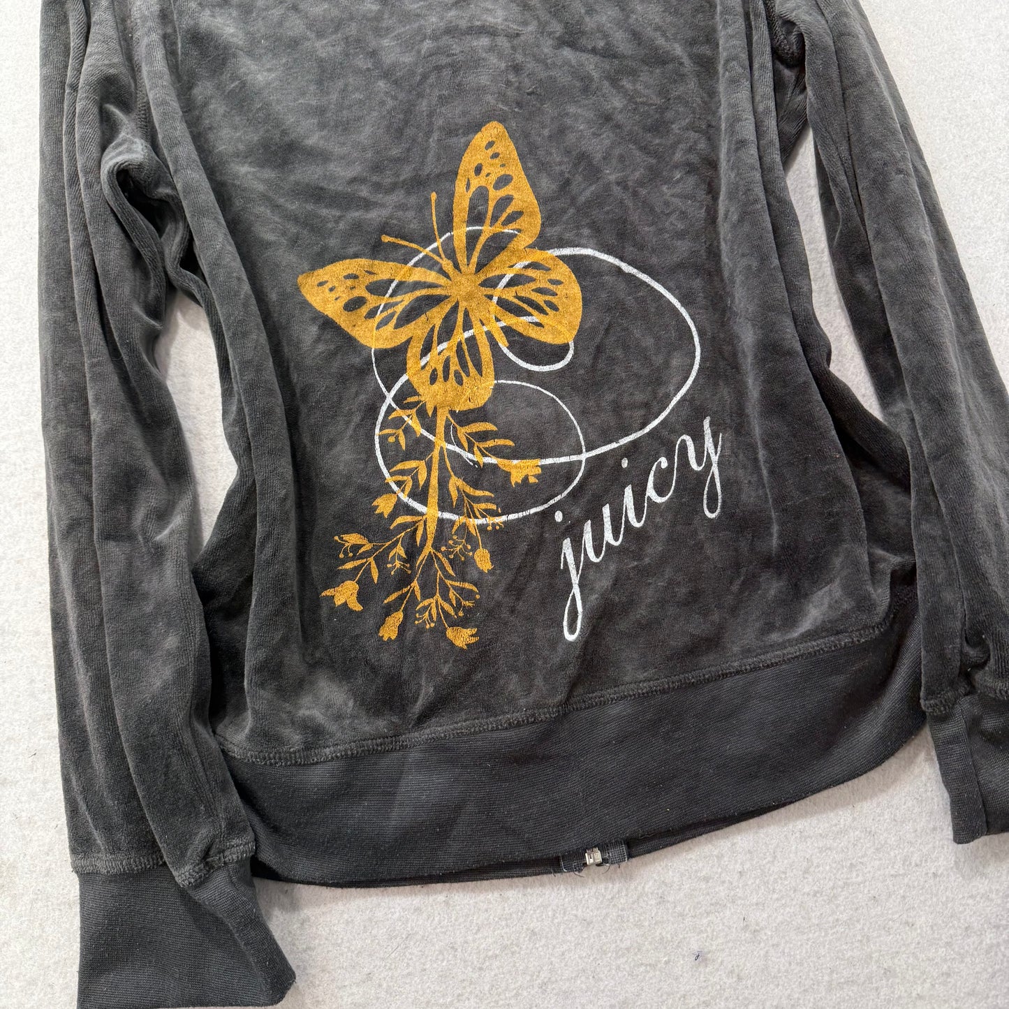 Vintage Juicy Couture Women's Black Velour Zip Up Hoodie Graphic Logo Y2K Size L