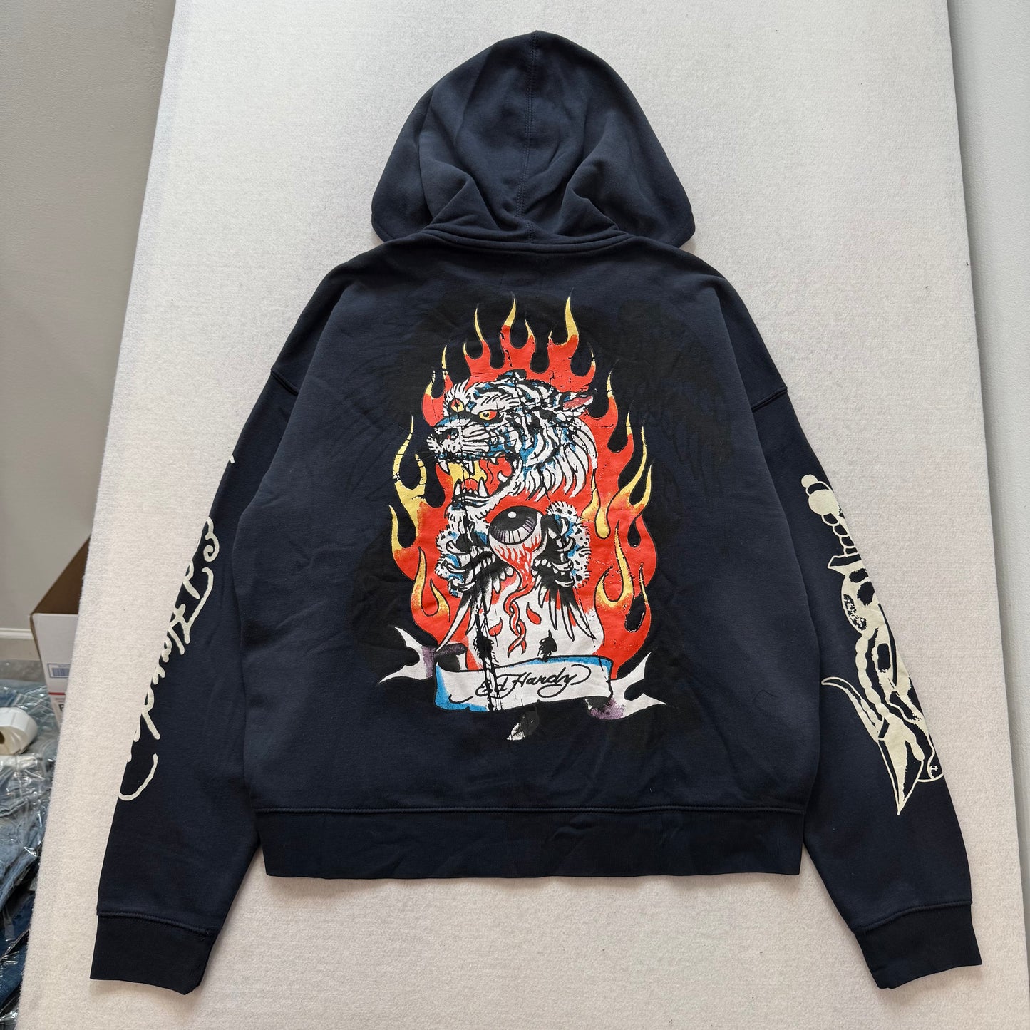 ED HARDY “Tiger Flame” SUNFADED NAVY BOXY ZIP UP HOODIE
