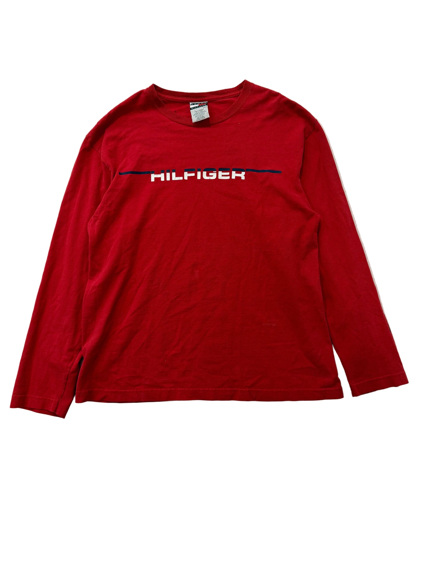 Tommy Hilfiger Bright Red 100% Cotton T-Shirt Long Sleeves Crewneck Logo Size M