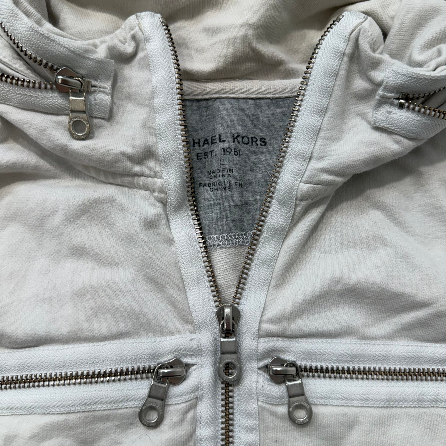 RARE CROSS ZIPPER HIDDEN HOODIE Micheal Kors ZIP UP JACKET size L - Clean Curriculums 