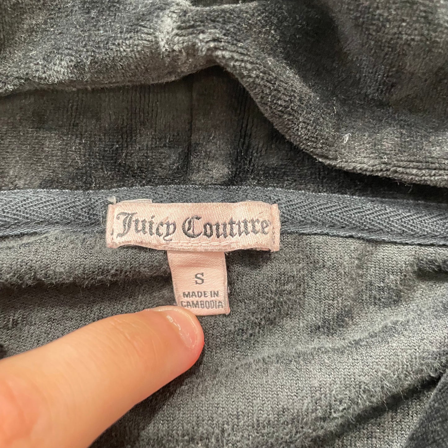 Juicy Couture Womens Black Velour Zip-Up Hoodie Pink Glitter Graphic Logo Size S