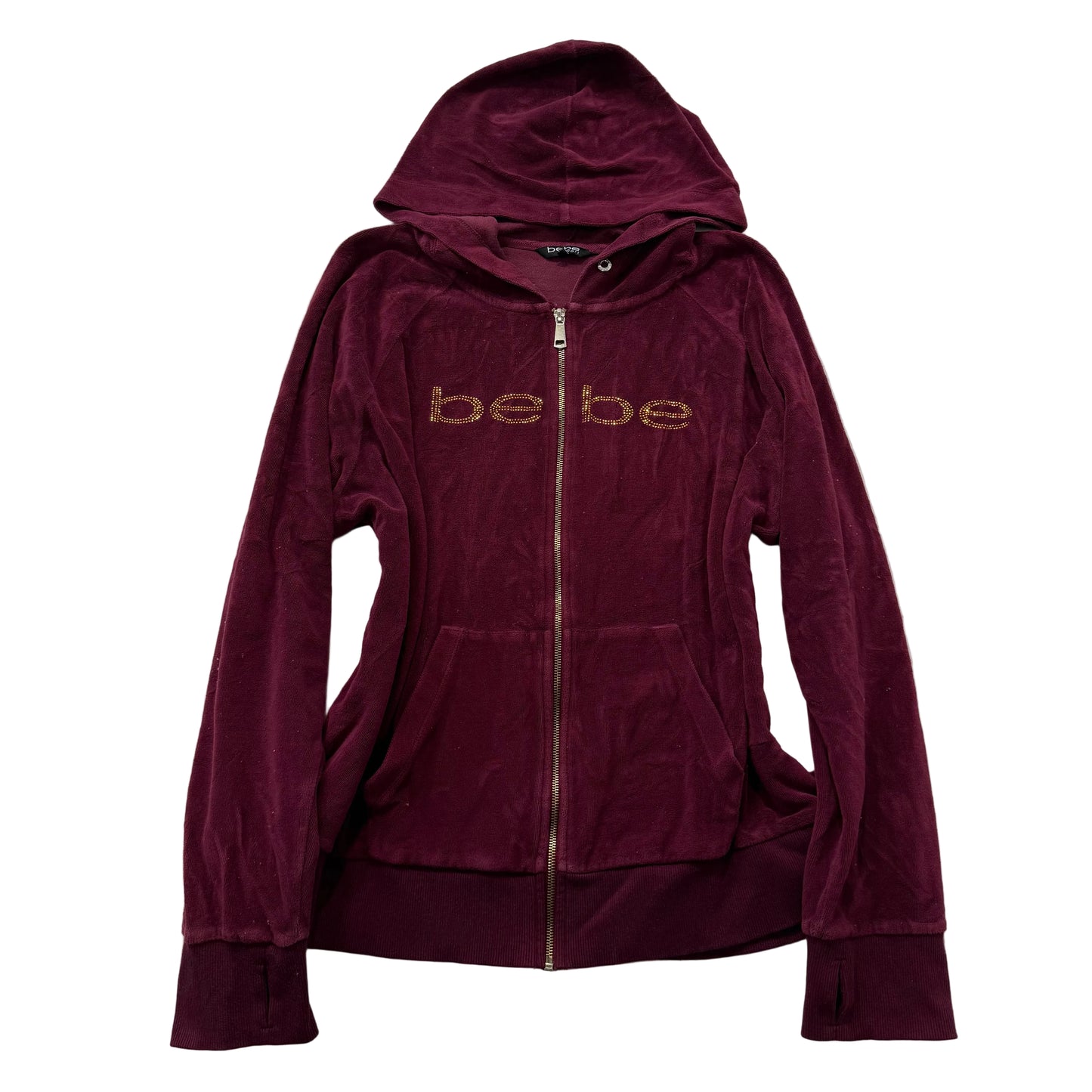 Bebe Sport Women's Burgundy Velour Zip-Up Hoodie Pockets Rhinestone Logo Size 3X