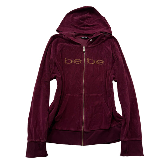 Bebe Sport Women's Burgundy Velour Zip-Up Hoodie Pockets Rhinestone Logo Size 3X