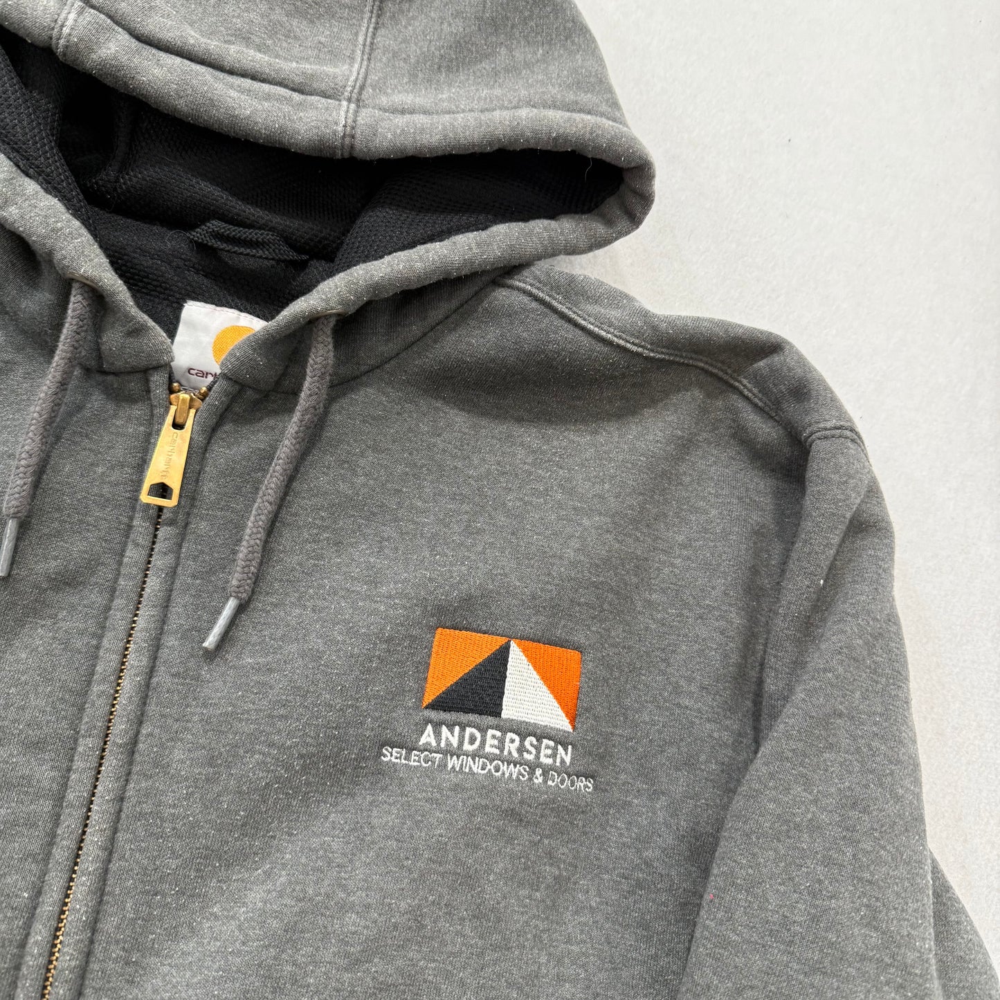 Carhartt Men Dark Gray Cotton Full Zip Hoodie Split Kangaroo Pocket Logo Size XL