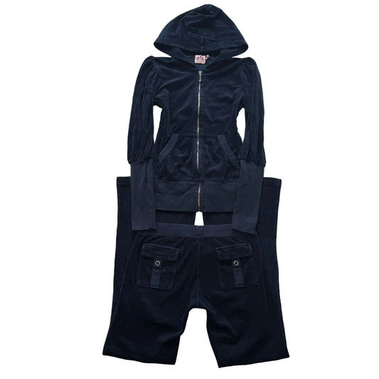 Vintage Juicy Couture Women Navy Velour Tracksuit Set Hoodie & Flare Pant Size S