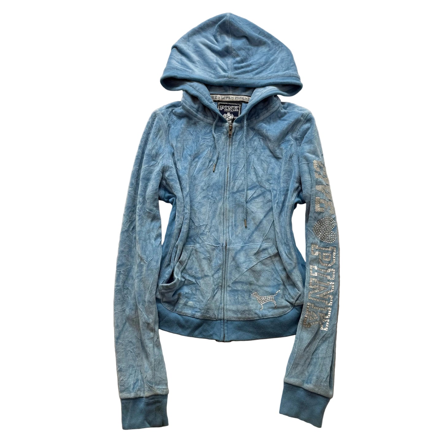 Victoria's Secret PINK Women's Blue Velour Zip-Up Hoodie Rhinestone Logo Size M