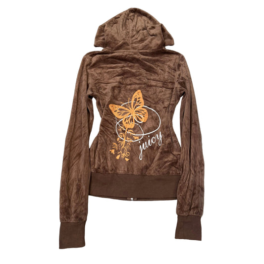 Vintage Juicy Couture Womens Brown Velour Zip-Up Hoodie Butterfly Graphic Size S