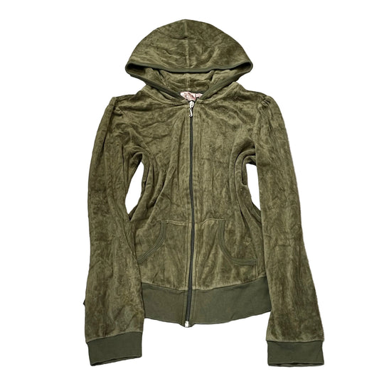 Vintage Juicy Couture Women's Olive Green Velour Zip-Up Hoodie Loungewear Size L