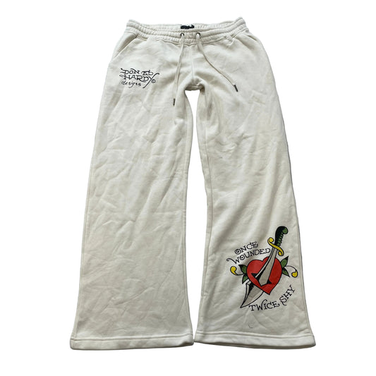Ed Hardy "Dagger Heart" Women White Fleece Wide Leg Sweatpants Drawstring Size L