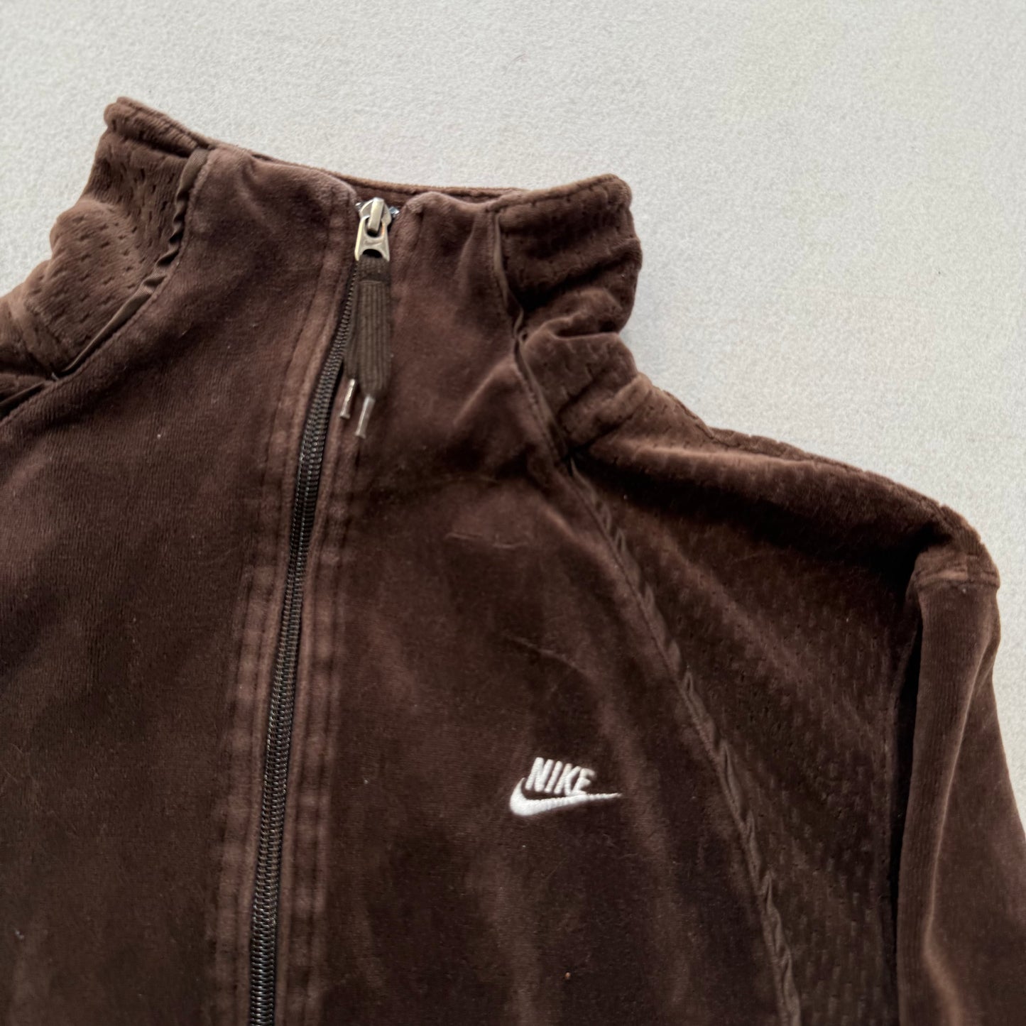Nike Women's Brown Velour Full Zip Track Jacket Raglan Sleeves Logo Y2K Size XL