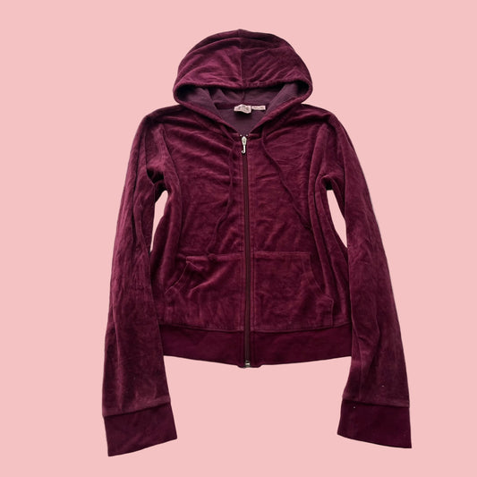 Juicy Couture Womens Burgundy Velour Zip-Up Hoodie Y2K Sports Long Sleeve Size L