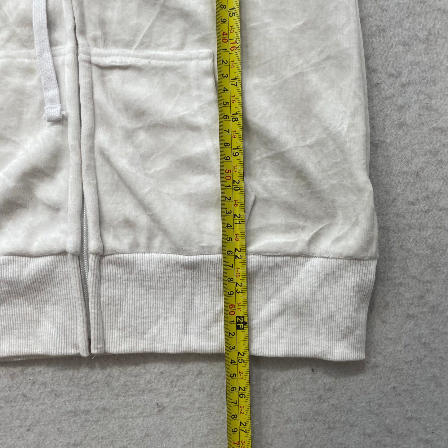 Vintage Juicy Couture Women White Velour Zip-Up Hoodie Drawstring Pockets Size S