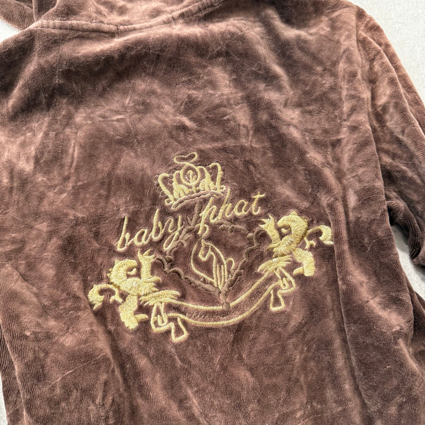 Vintage Baby Phat Womens Brown Velour Zip Up Hoodie Graphic Back Logo Y2K Size L