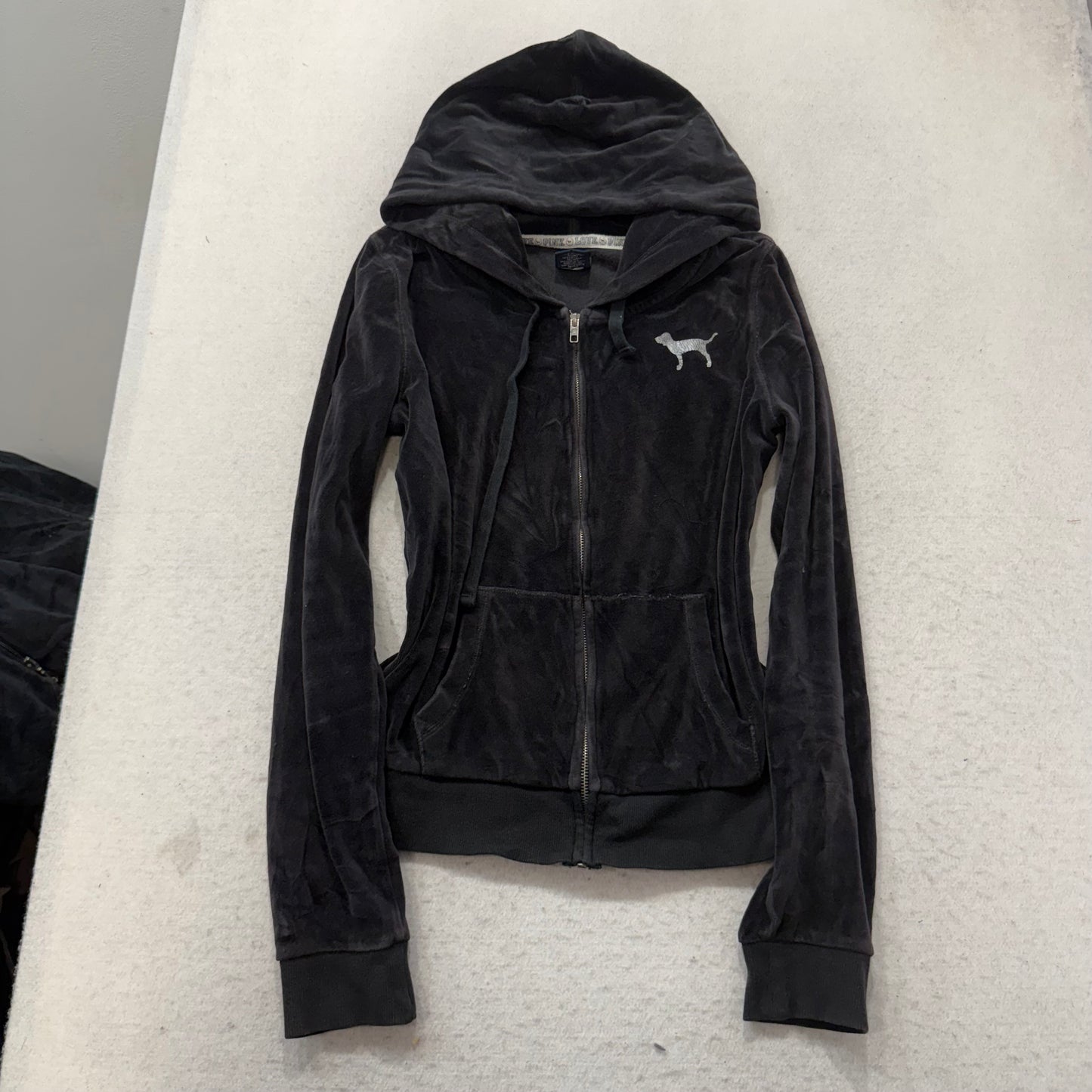 Victoria's Secret PINK Womens Charcoal Velour Full Zip Hoodie Sequin Logo Size L