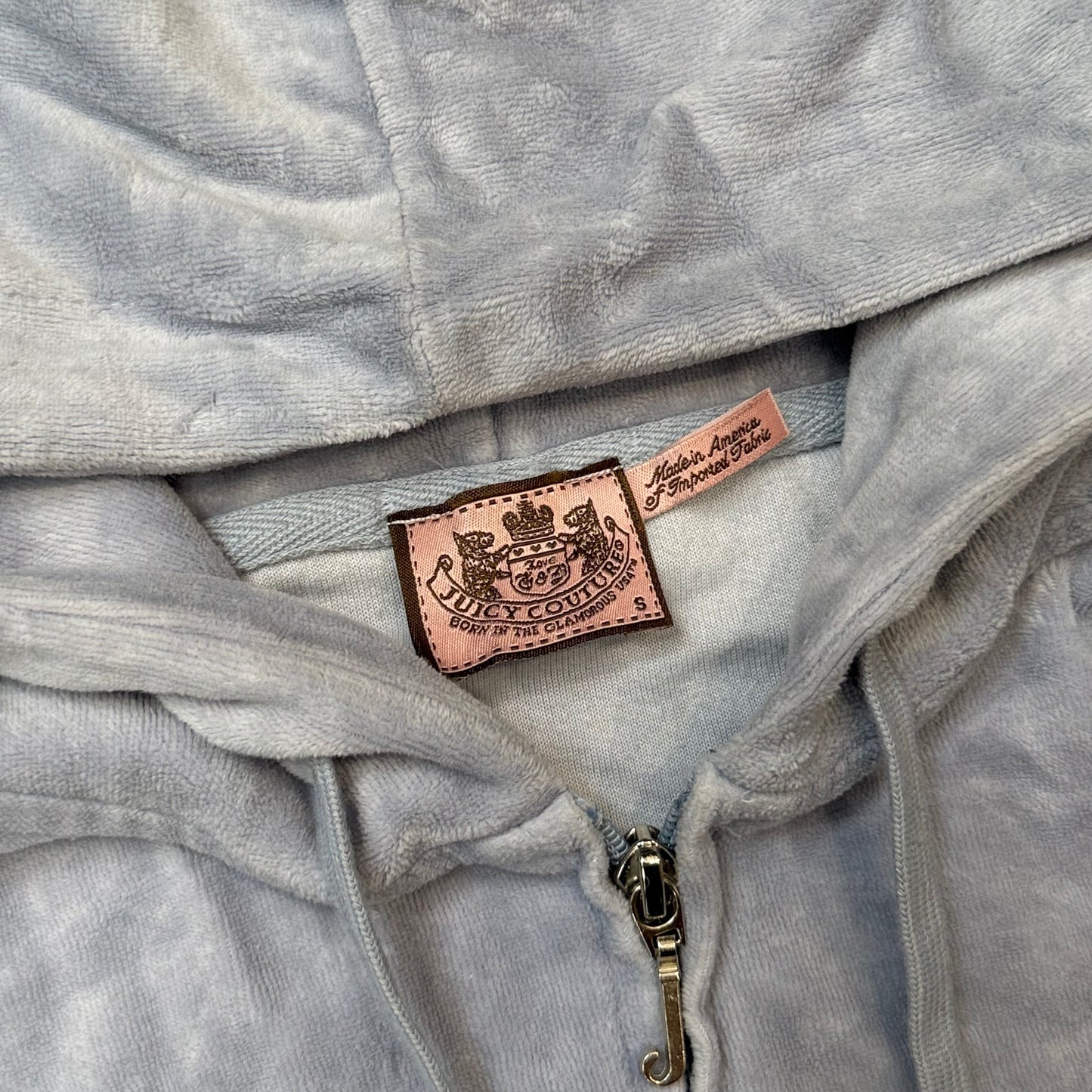 Vintage Juicy Couture Womens Ice Blue Velour Zip-Up Hoodie Drawstring Y2k Size S