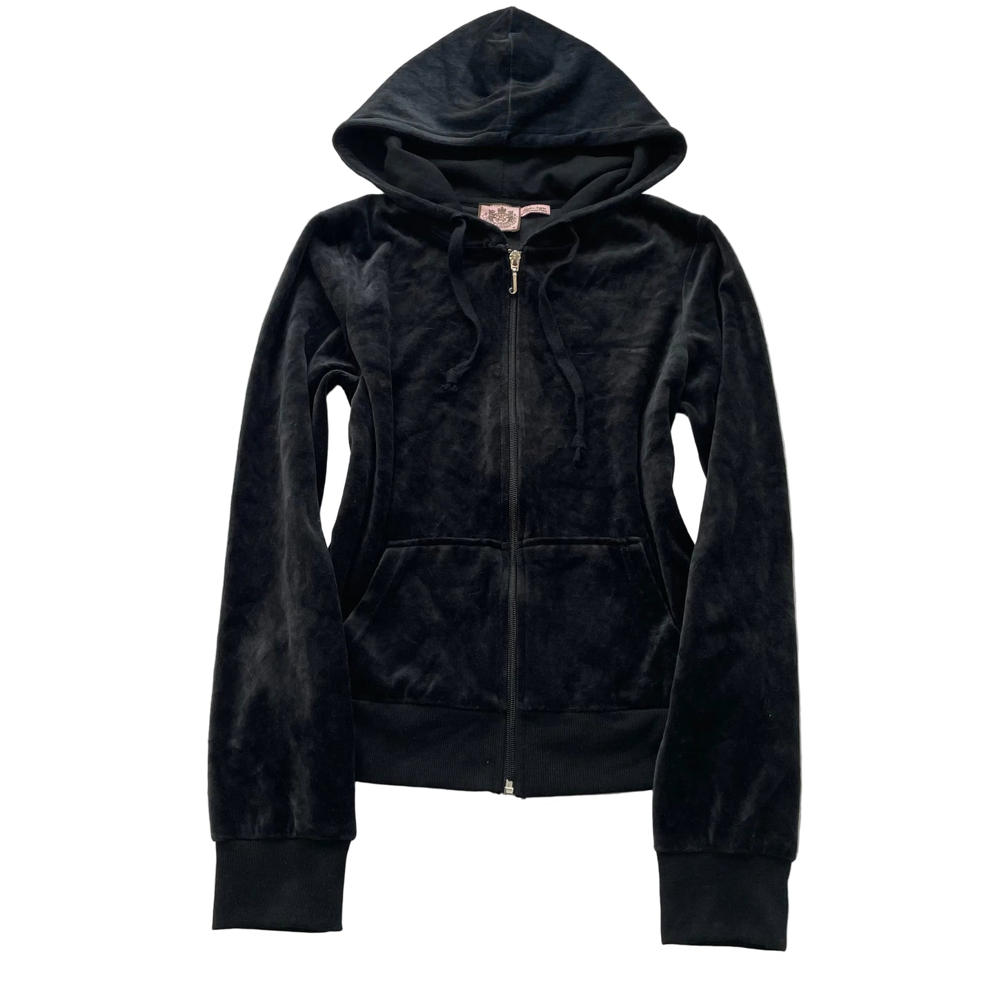 Juicy Couture Women's Black Velour Zip-Up Hoodie Drawstring Pockets Y2k Size M