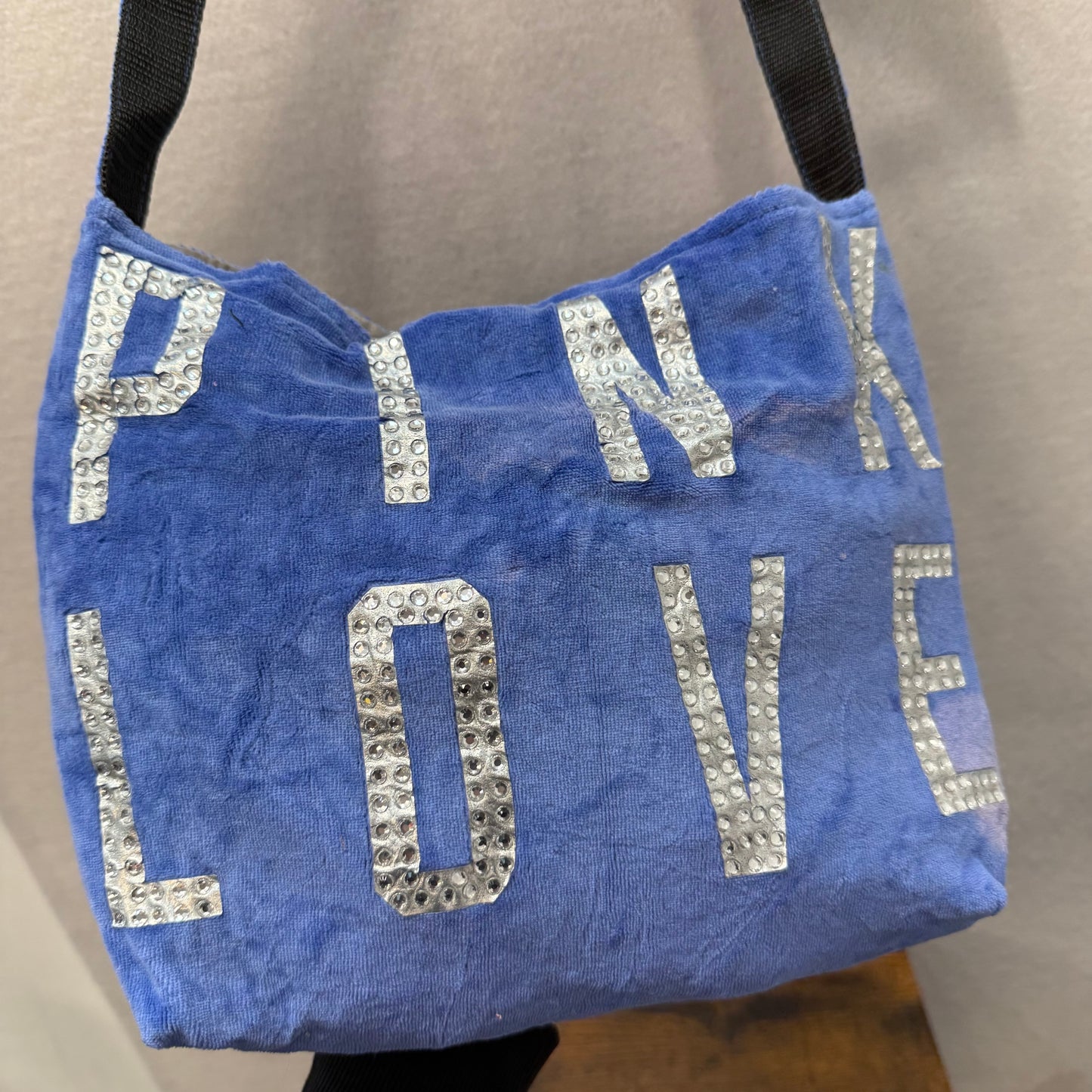 PINK Victoria's Secret Blue Velour Rhinestones Logo Classsic Shoulder Tote Bag