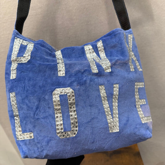 PINK Victoria's Secret Blue Velour Rhinestones Logo Classsic Shoulder Tote Bag