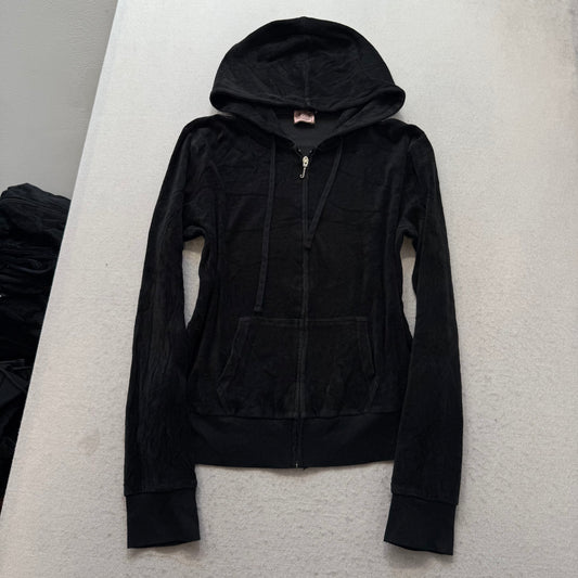 Juicy Couture Women's Black Velour Tracksuit Set Zip-Up Hoodie & Pant Size XL