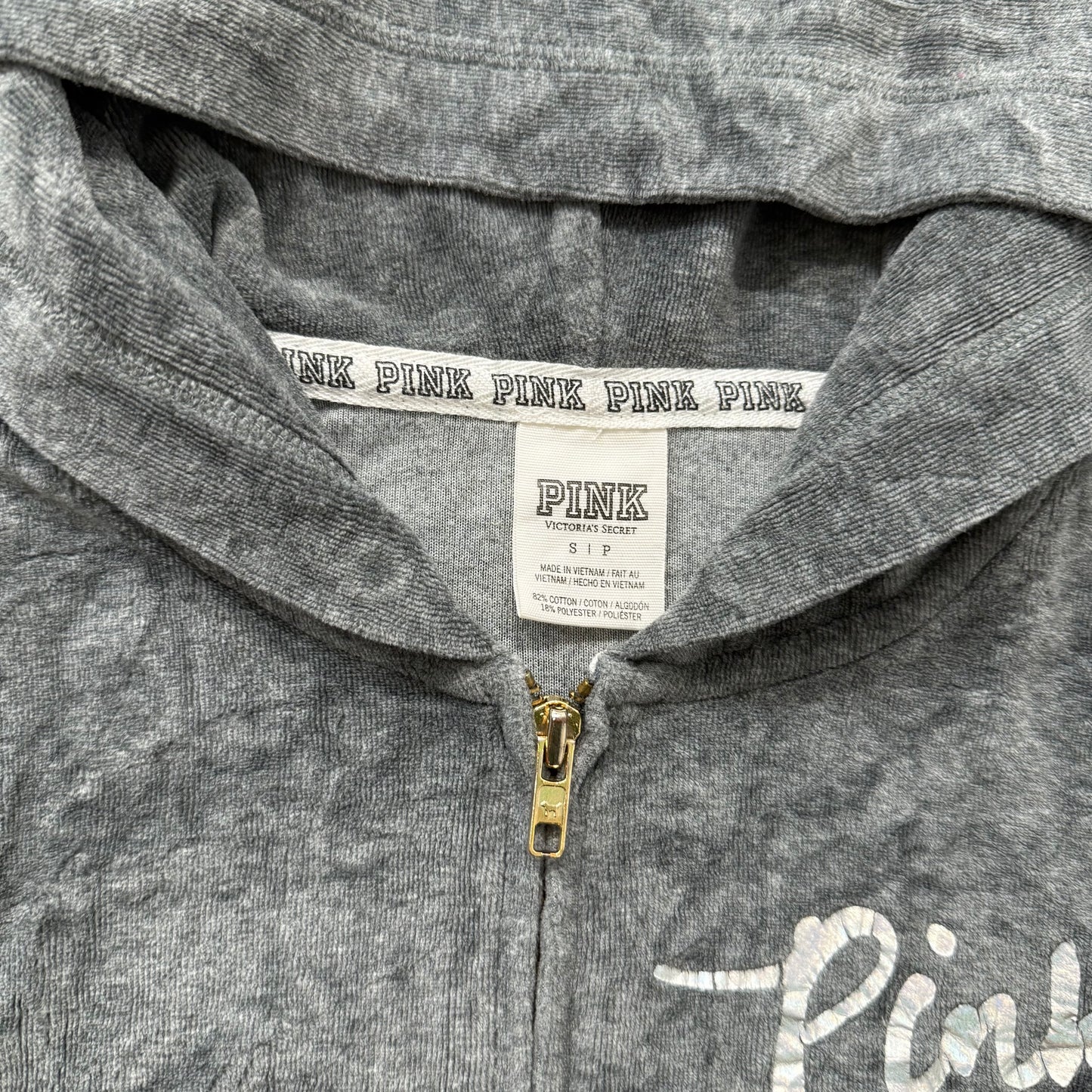 PINK by Victoria's Secret Women's Gray Velour Zip Up Hoodie Pockets Logo Size S