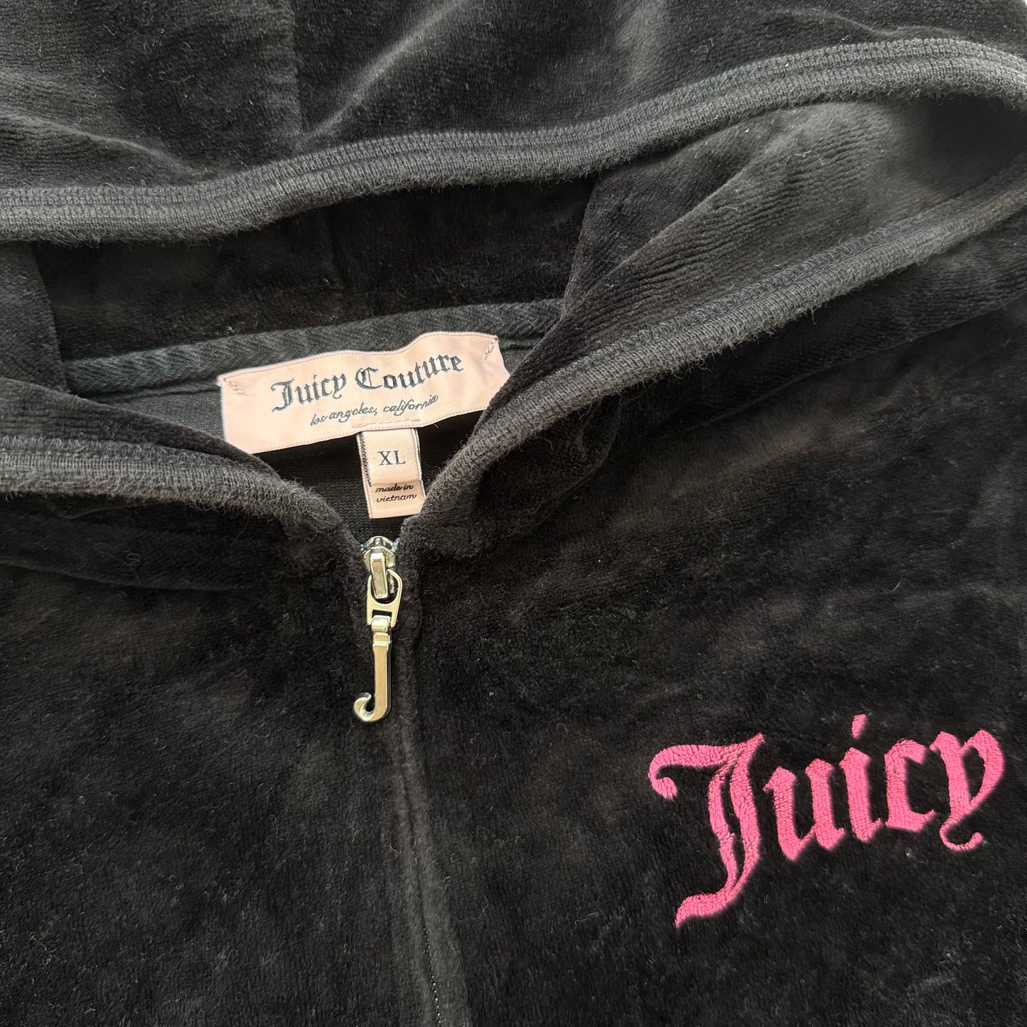 Juicy Couture Women's Black Velour Full Zip Hoodie Loungewear Pockets Size XL