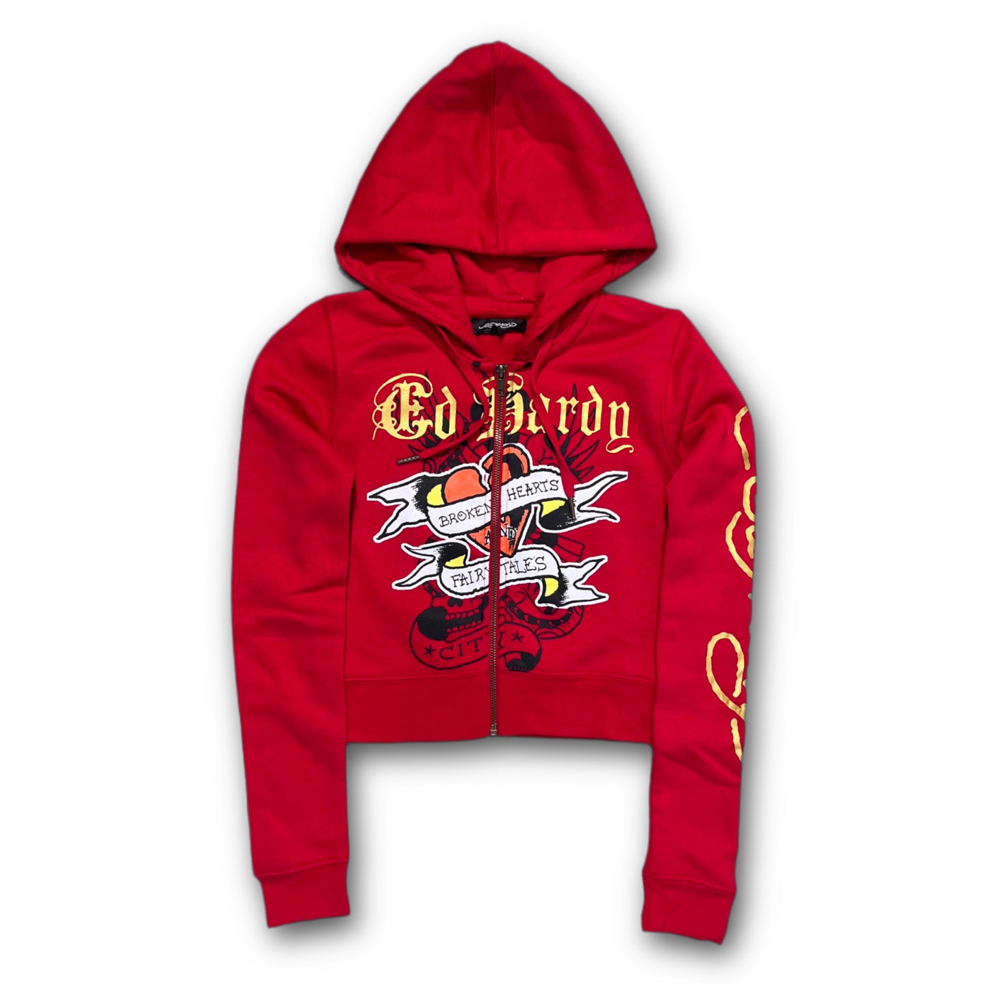ED HARDY “Broken Hearts” RED CROPPED ZIP UP HOODIE - Clean Curriculums 