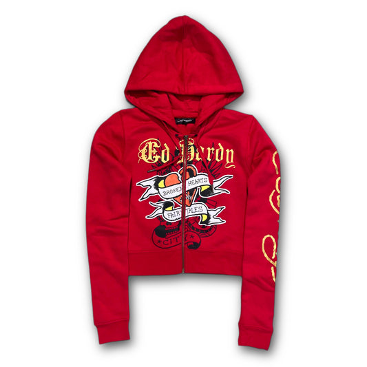 ED HARDY “Broken Hearts” RED CROPPED ZIP UP HOODIE - Clean Curriculums 