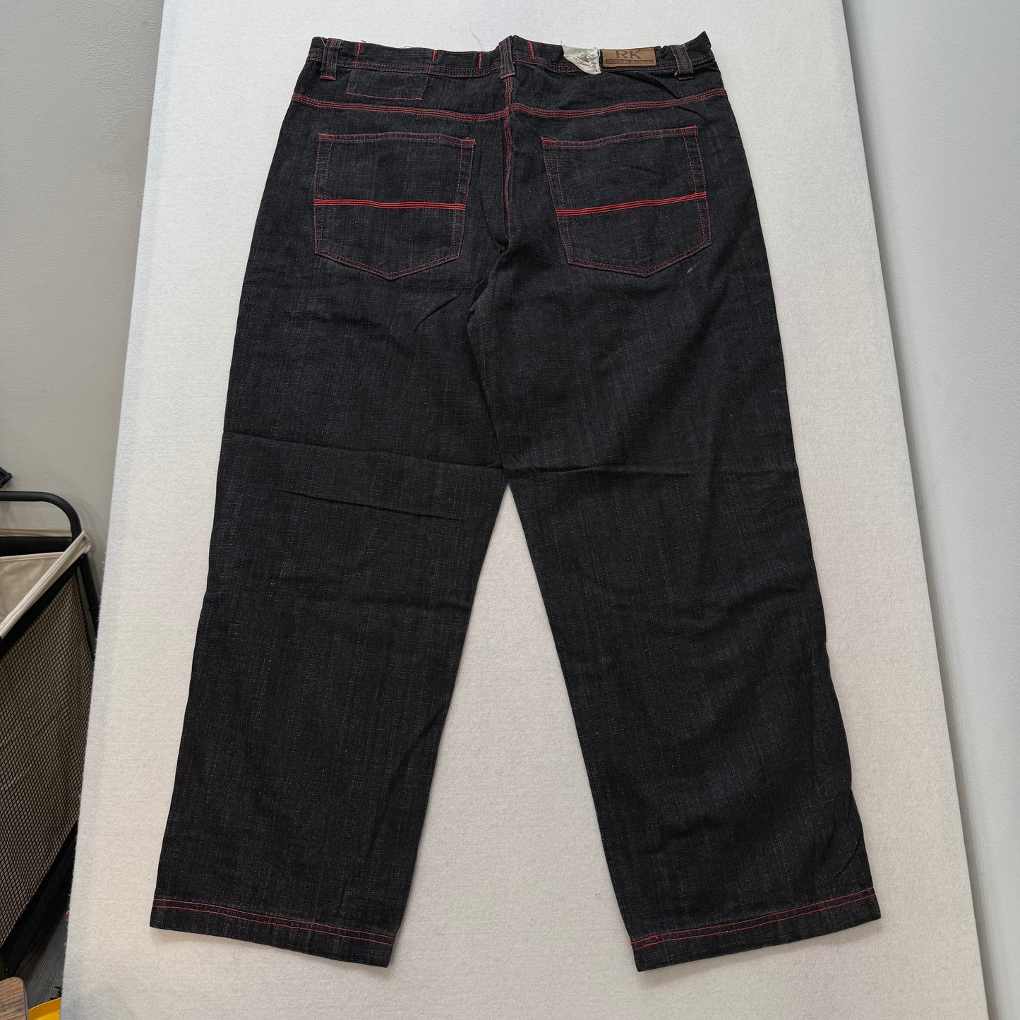RK Richards Jeans Co Black Denim Straight Leg Jeans Red Contrast Stitching Size 21