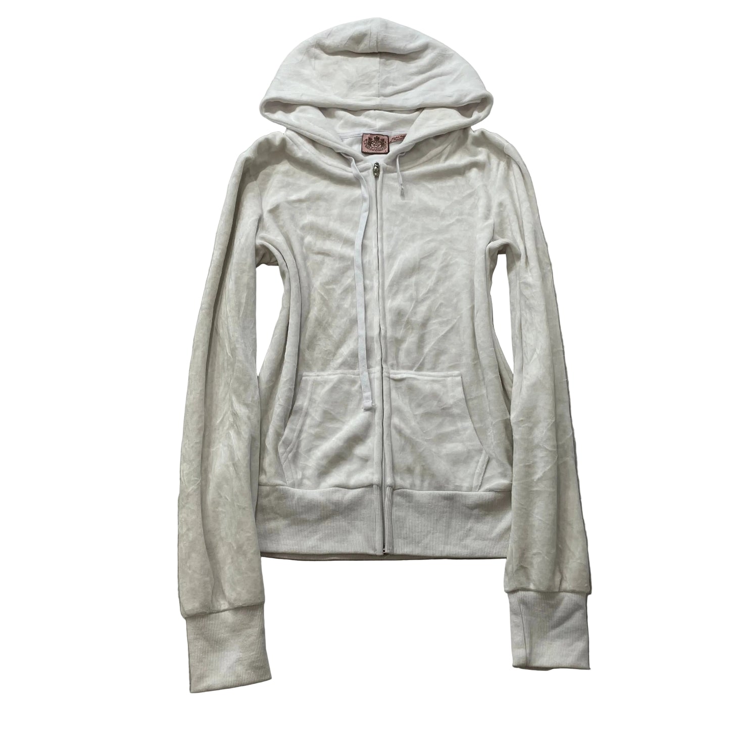 Vintage Juicy Couture Women White Velour Zip-Up Hoodie Drawstring Pockets Size S