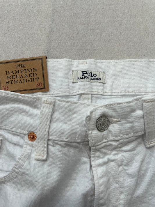 Polo Ralph Lauren Hampton Relaxed Straight White Denim Jeans Leather Logo Patch Size 33x30