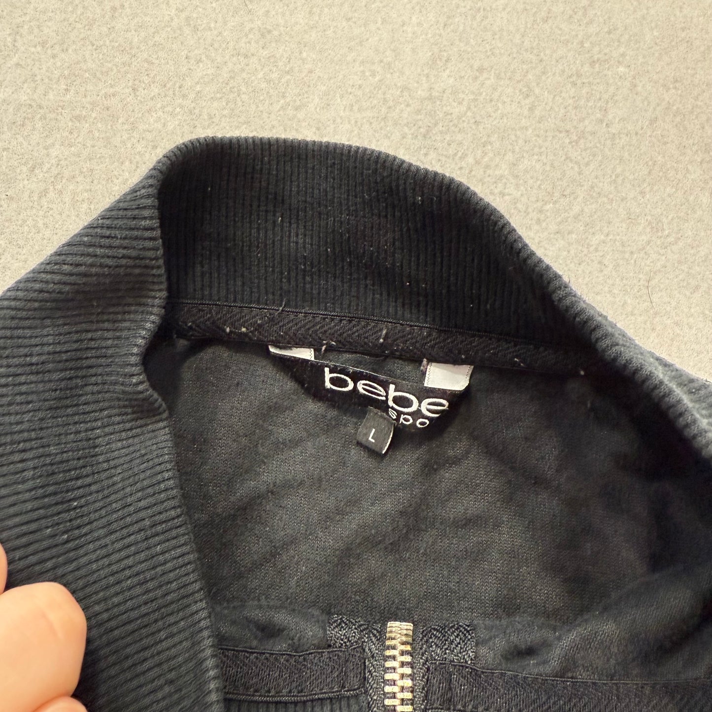 Bebe Women's Black Velour Full Zip Track Jacket Mock Neck Pockets Logo Size L