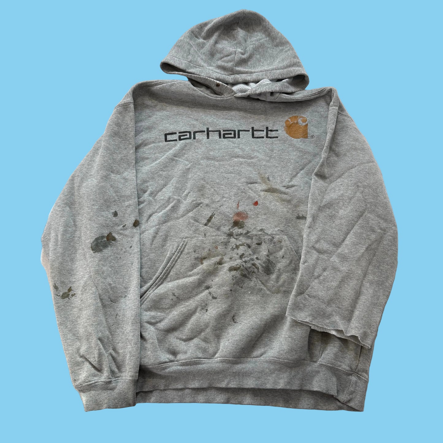 Carhartt Men's Heather Grey Pullover Hoodie Front Graphic Logo Workwear Size XL