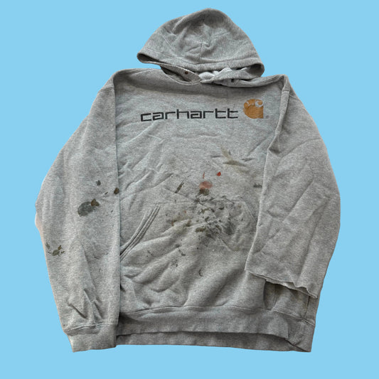 Carhartt Men's Heather Grey Pullover Hoodie Front Graphic Logo Workwear Size XL