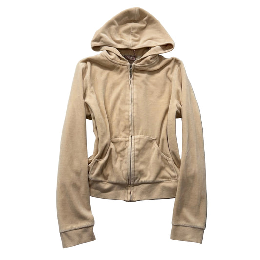 Vintage Juicy Couture Women's Tan Velour Zip-Up Hoodie Loungewear Pockets Size L