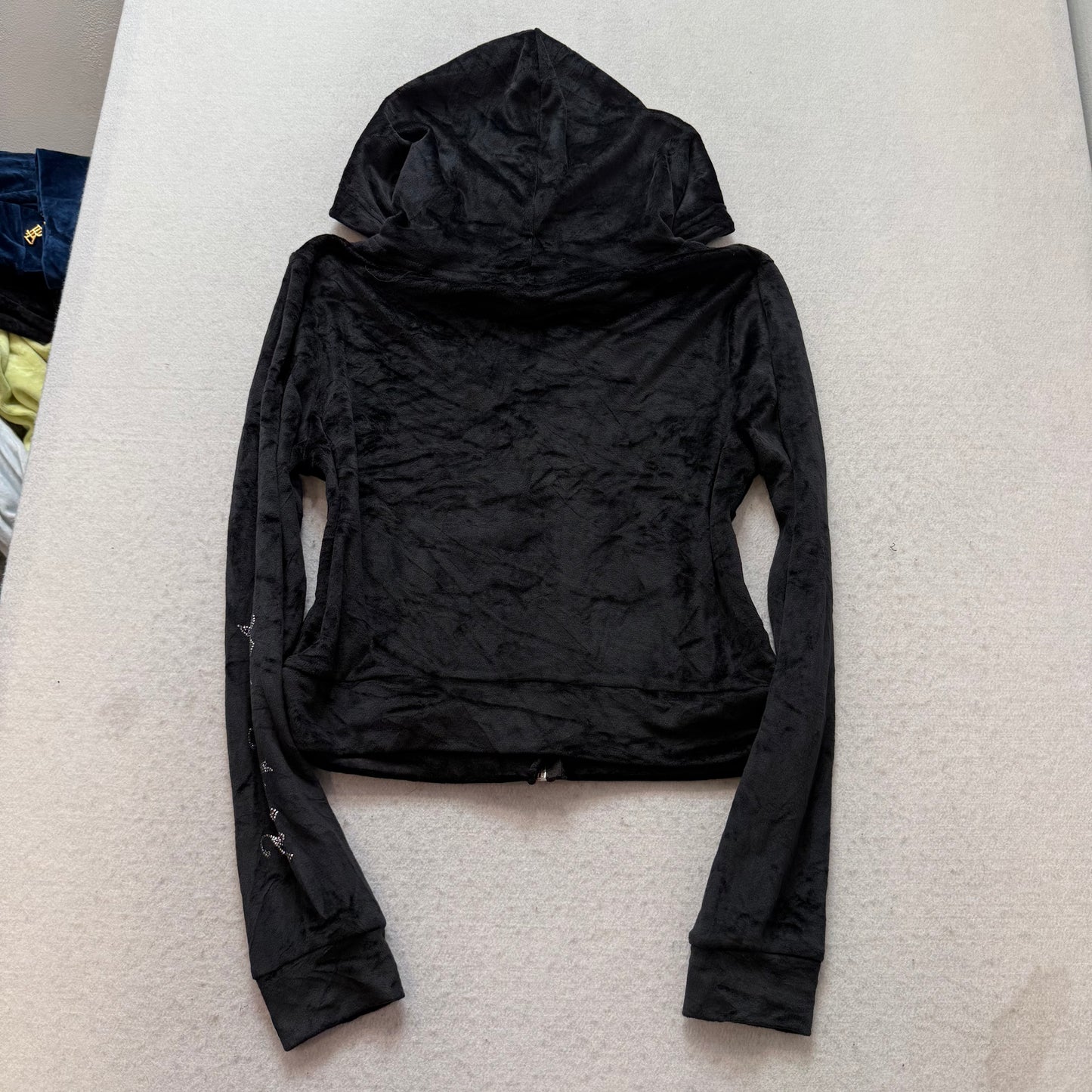 Playboy Women's Black Velour Full Zip Cropped Hoodie Rhinestone Logo Y2K Size L