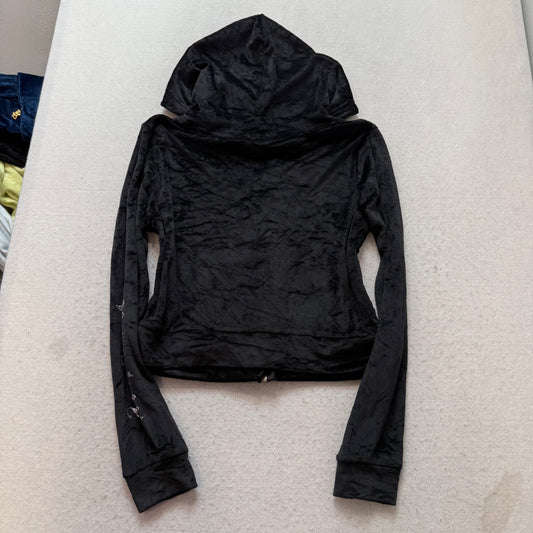 Playboy Women's Black Velour Full Zip Cropped Hoodie Rhinestone Logo Y2K Size L