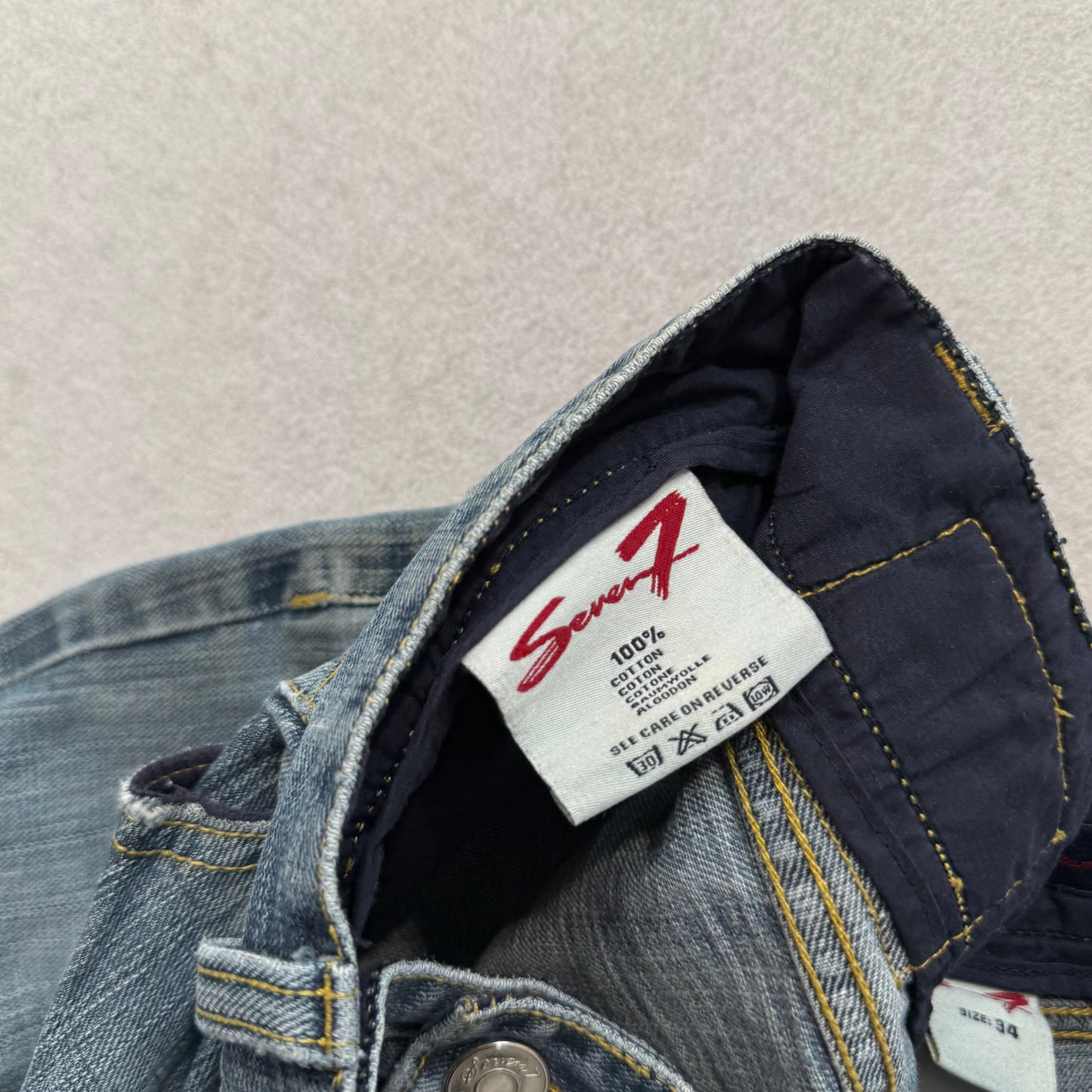 Seven7 Blue Denim Straight Leg Jeans Embroidered Back Pockets Size 34 Made in China