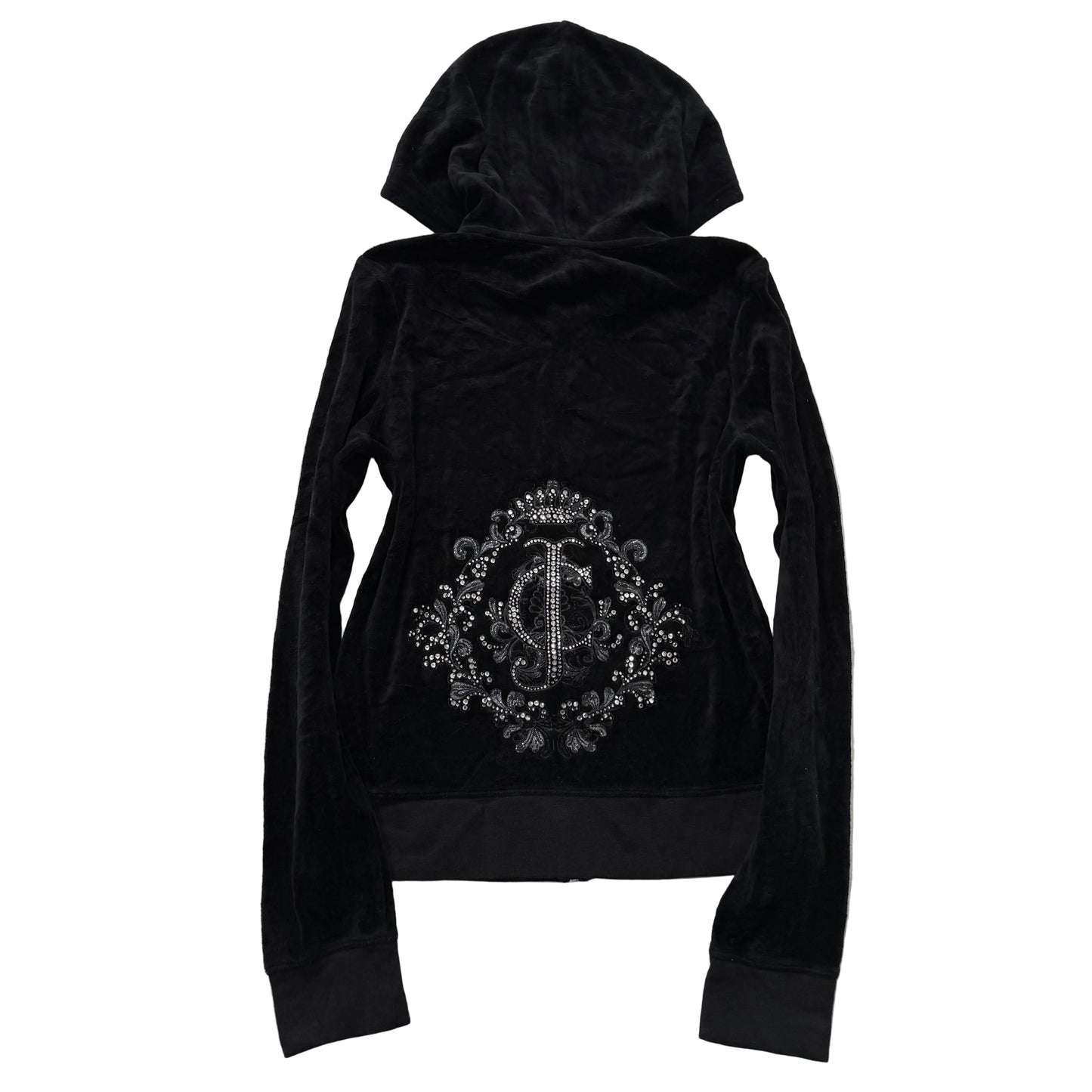 Juicy Couture Women's Black Velour Full Zip Hoodie Rhinestones Logo Y2K Size M