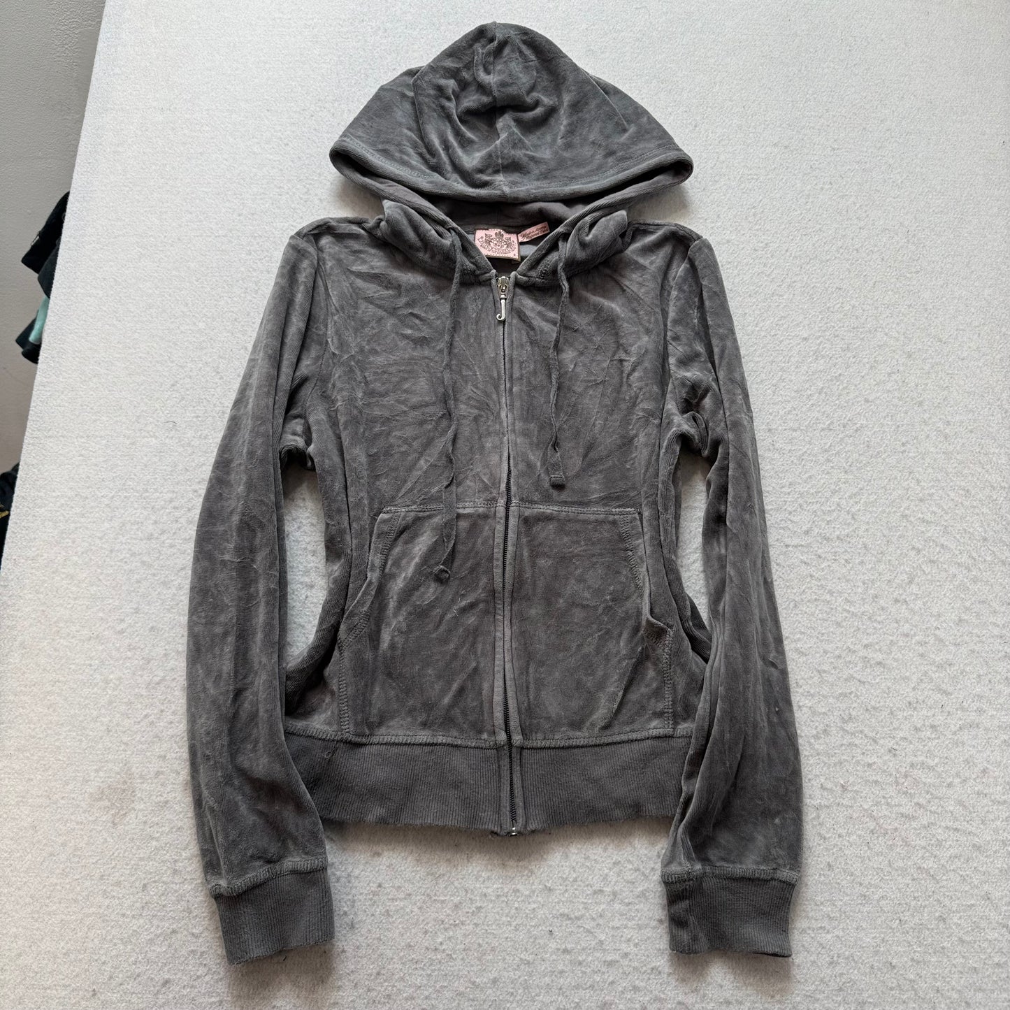 Vintage Juicy Couture Women's Gray Velour Zip-Up Hoodie Back Graphic Logo Size S