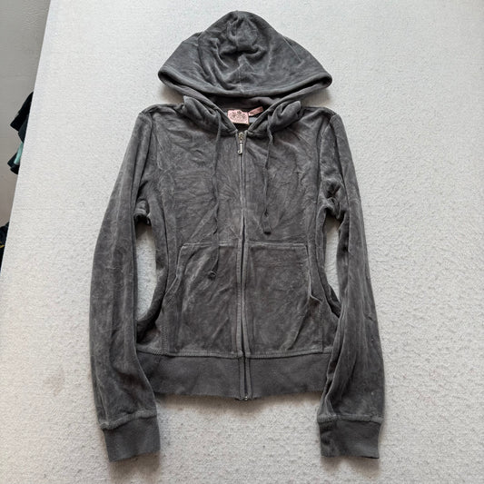 Vintage Juicy Couture Women's Gray Velour Zip-Up Hoodie Back Graphic Logo Size S